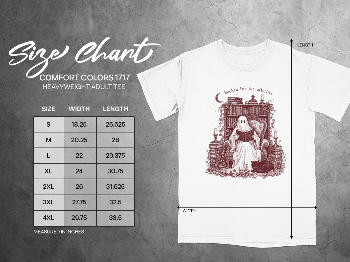 Comfort Colors 1717 heavyweight adult tee size chart with ghost reading book graphic.