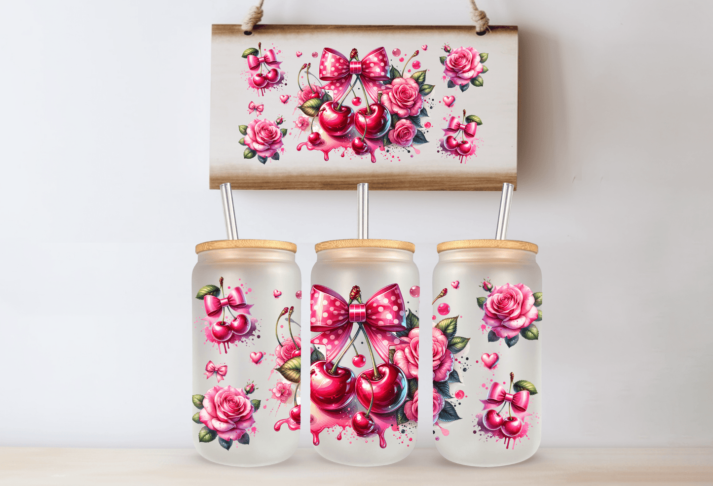 16oz Glass Can Pink Cherries Ready To Press Sublimation Transfer - Daydream Design Store - Physical