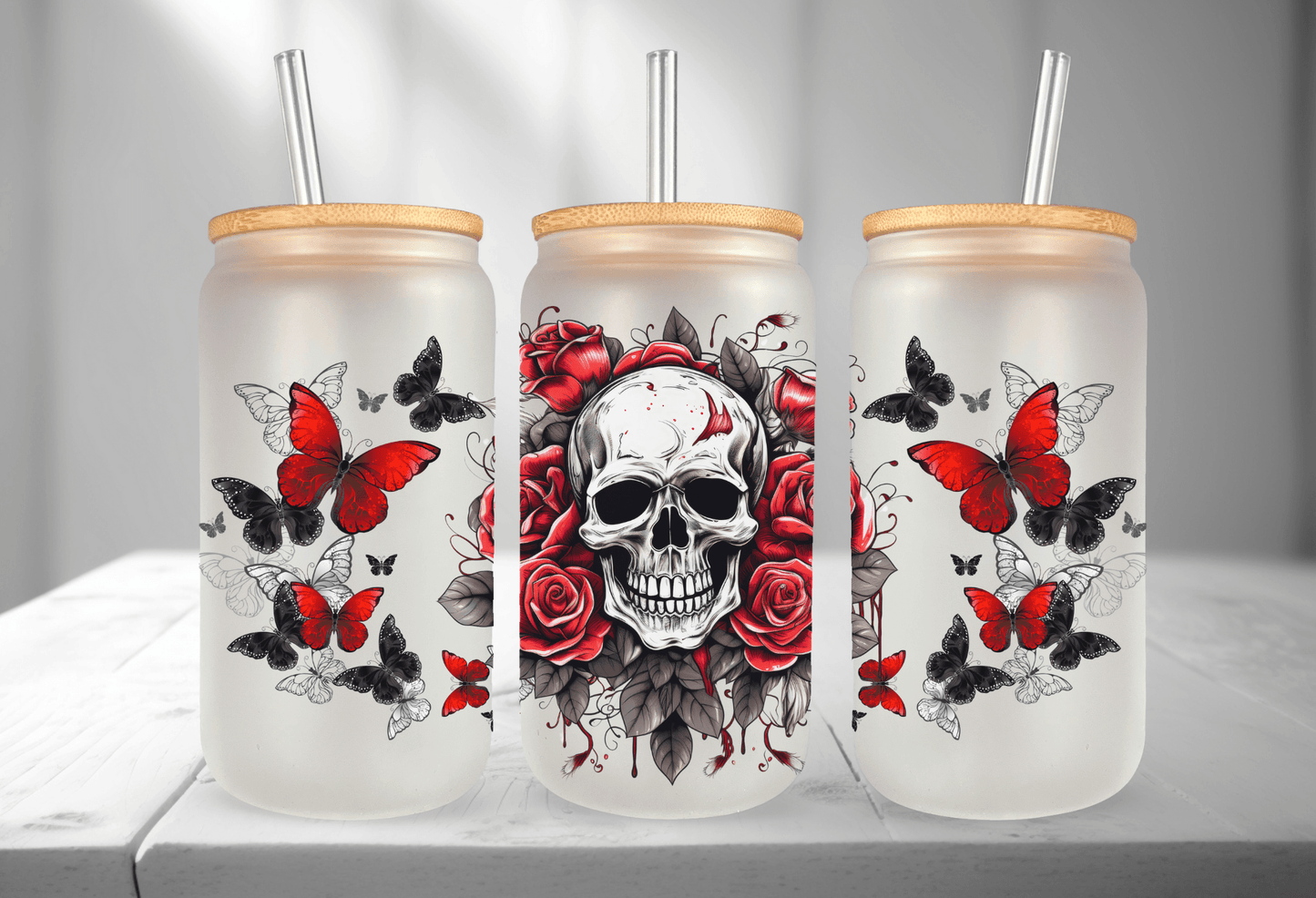 16oz Glass Can Red Roses Skull Ready To Press Sublimation Transfer - Daydream Design Store - Physical