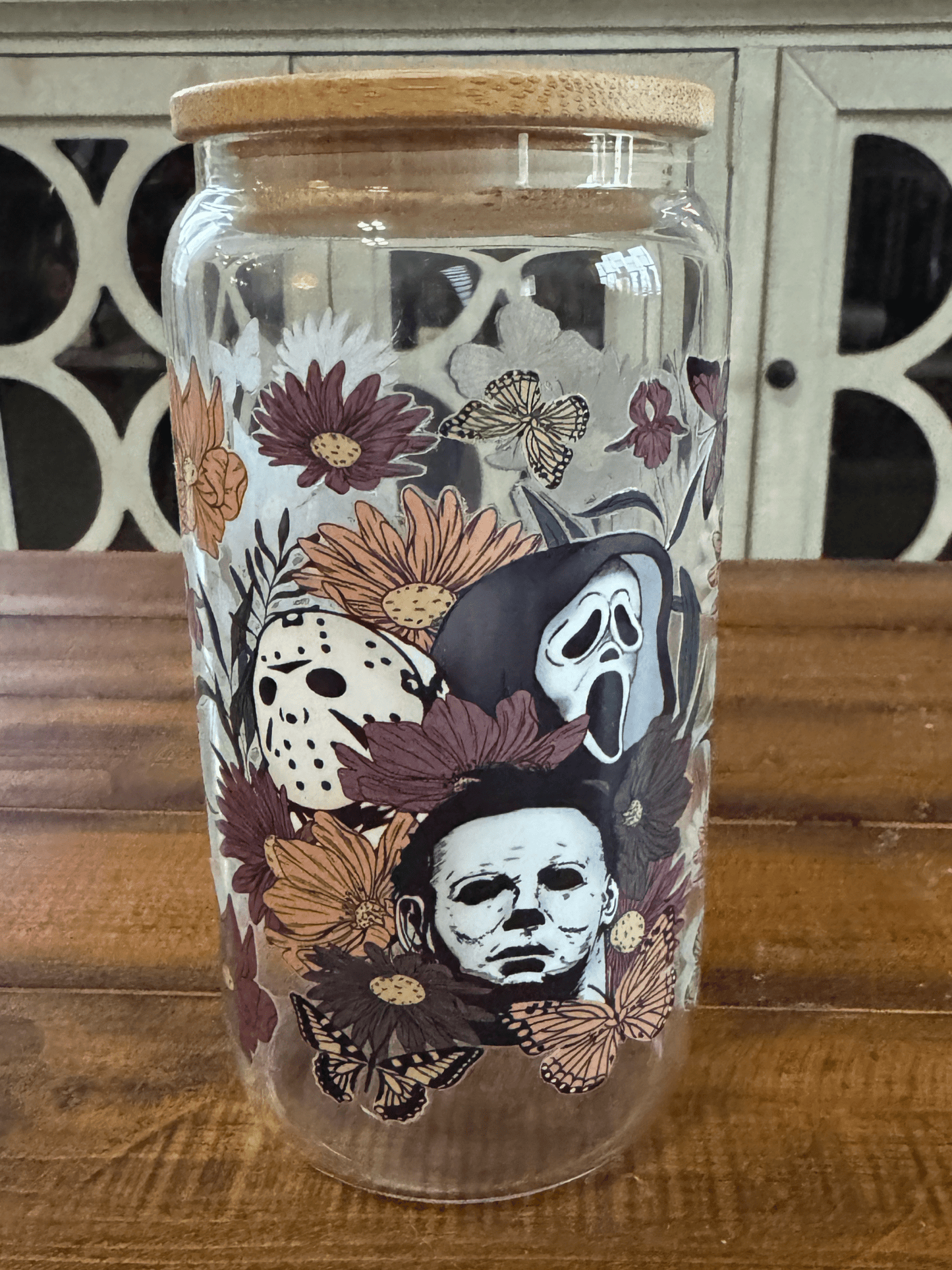 16oz Retro Floral Horror Movie Glass Can - Daydream Design Store - Physical
