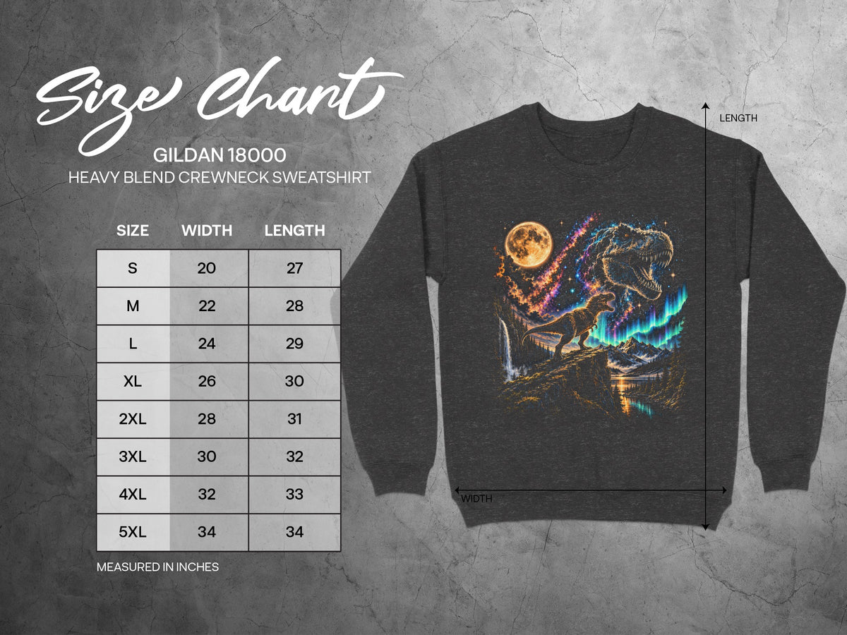 Gildan 18000 sweatshirt size chart with measurements in inches.