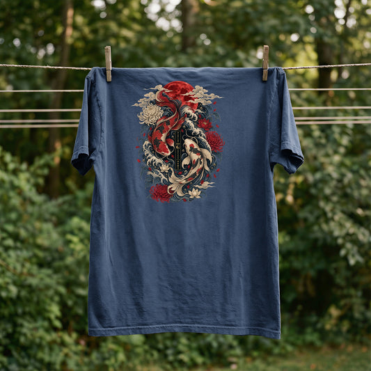 Dark blue t-shirt with Japanese koi fish, chrysanthemum, and red moon design.
