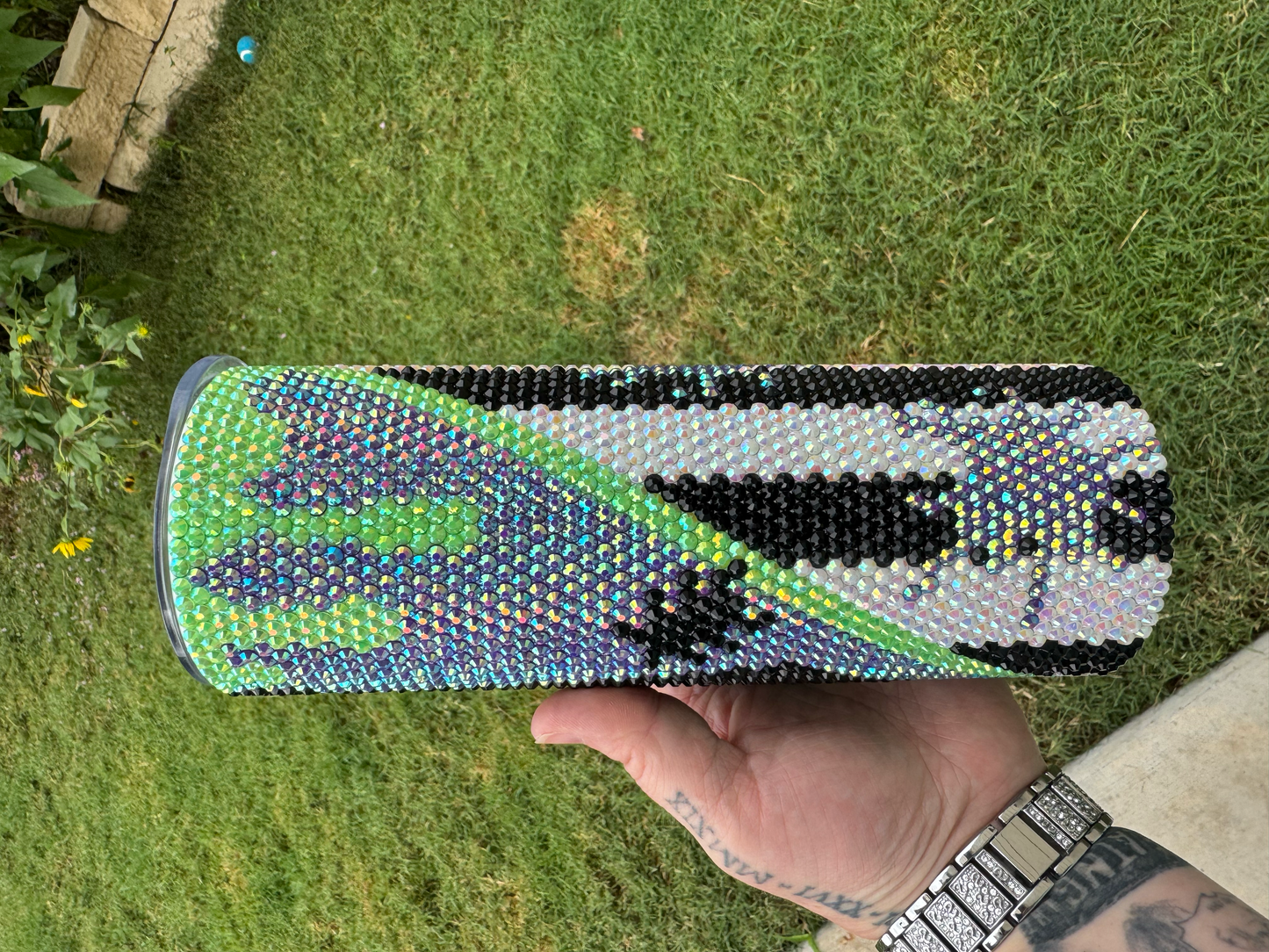 20oz Beetlejuice Bling Tumbler – Handcrafted Rhinestone Cup with SS16 Crystals | Beetlejuice Theme | Sparkly Horror Tumbler