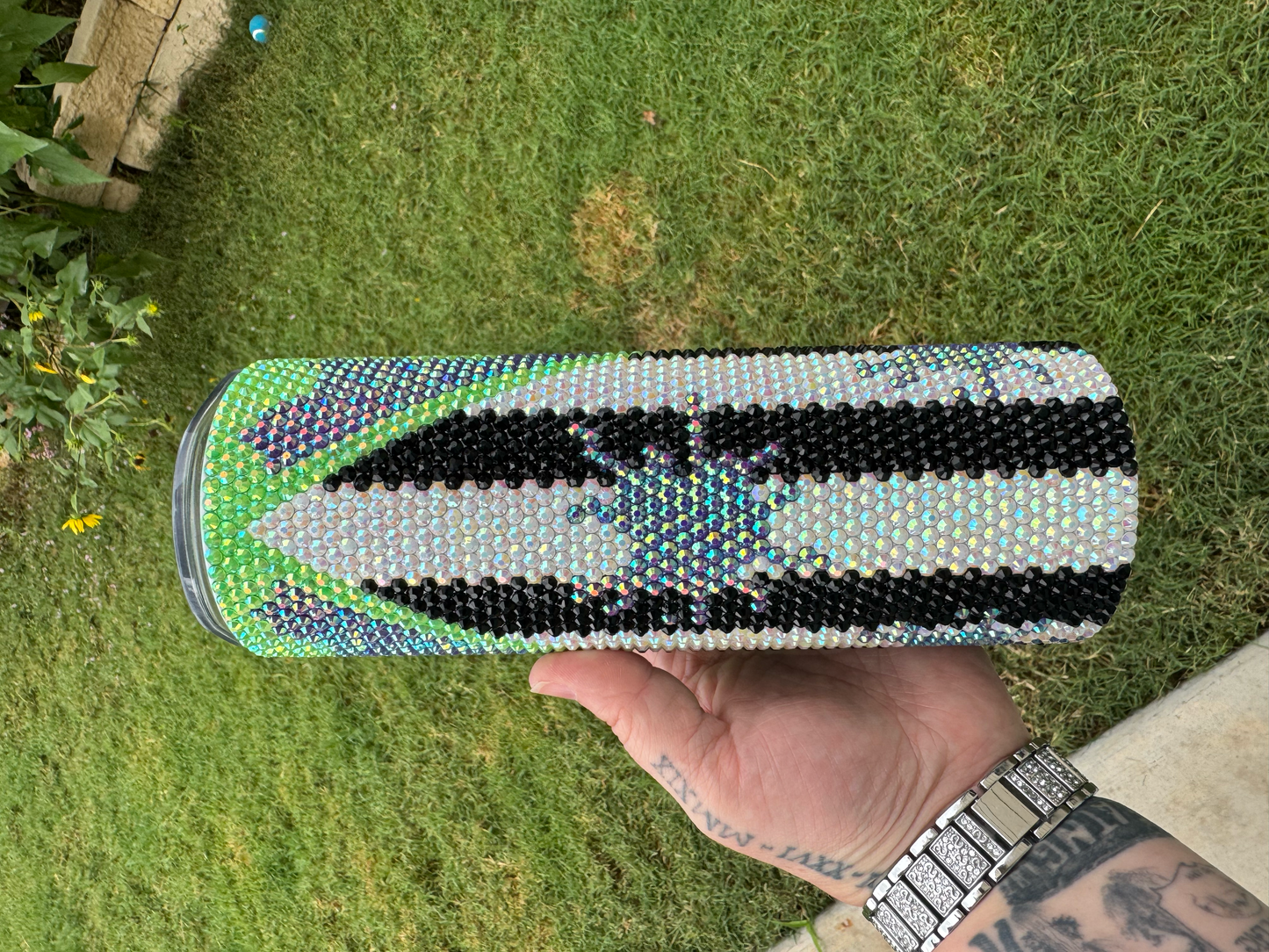 20oz Beetlejuice Bling Tumbler – Handcrafted Rhinestone Cup with SS16 Crystals | Beetlejuice Theme | Sparkly Horror Tumbler