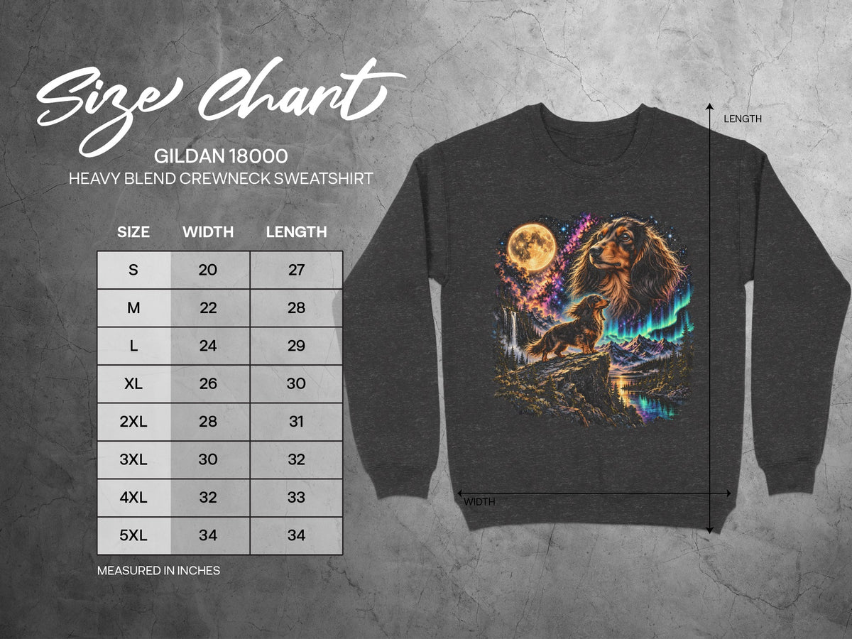 Gildan 18000 sweatshirt size chart for width and length in inches.