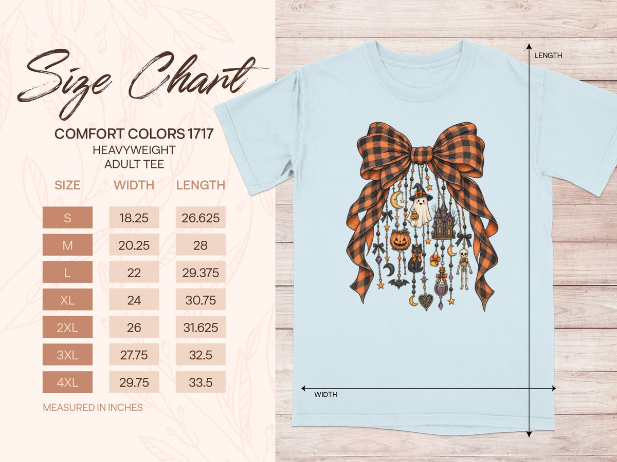 Comfort Colors 1717 heavyweight adult tee size chart with width and length measurements in inches.