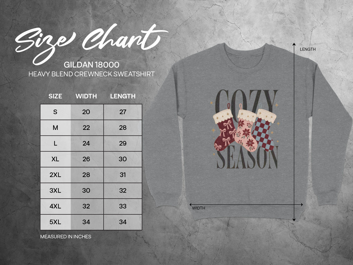 Gildan 18000 Heavy Blend sweatshirt size chart with width and length in inches.