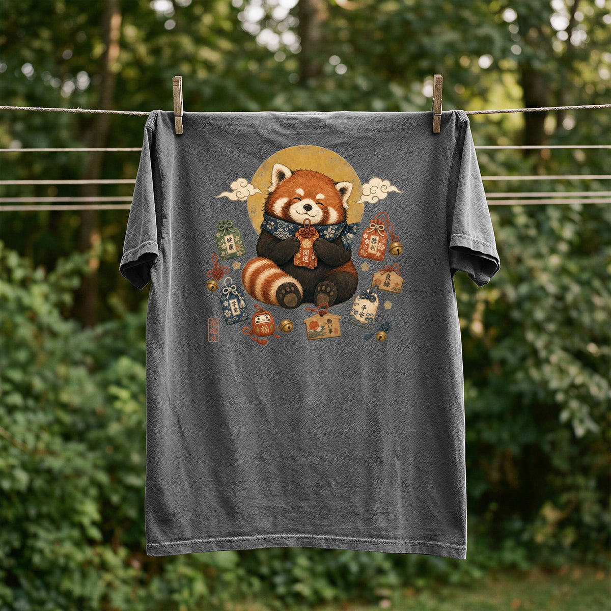 Dark grey t-shirt featuring a red panda surrounded by Japanese good luck charms.
