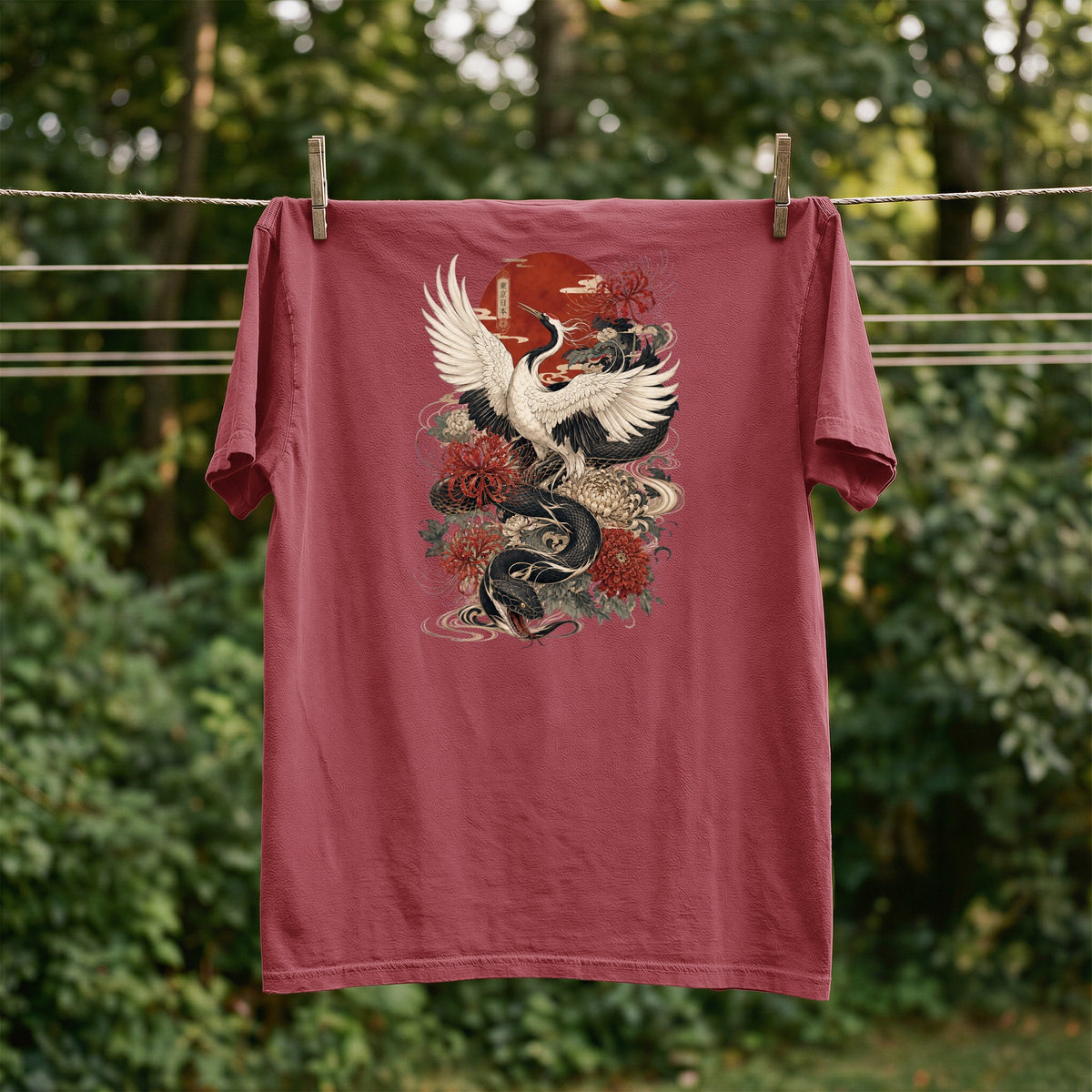 Maroon t-shirt with Japanese crane, snake, and chrysanthemum design.