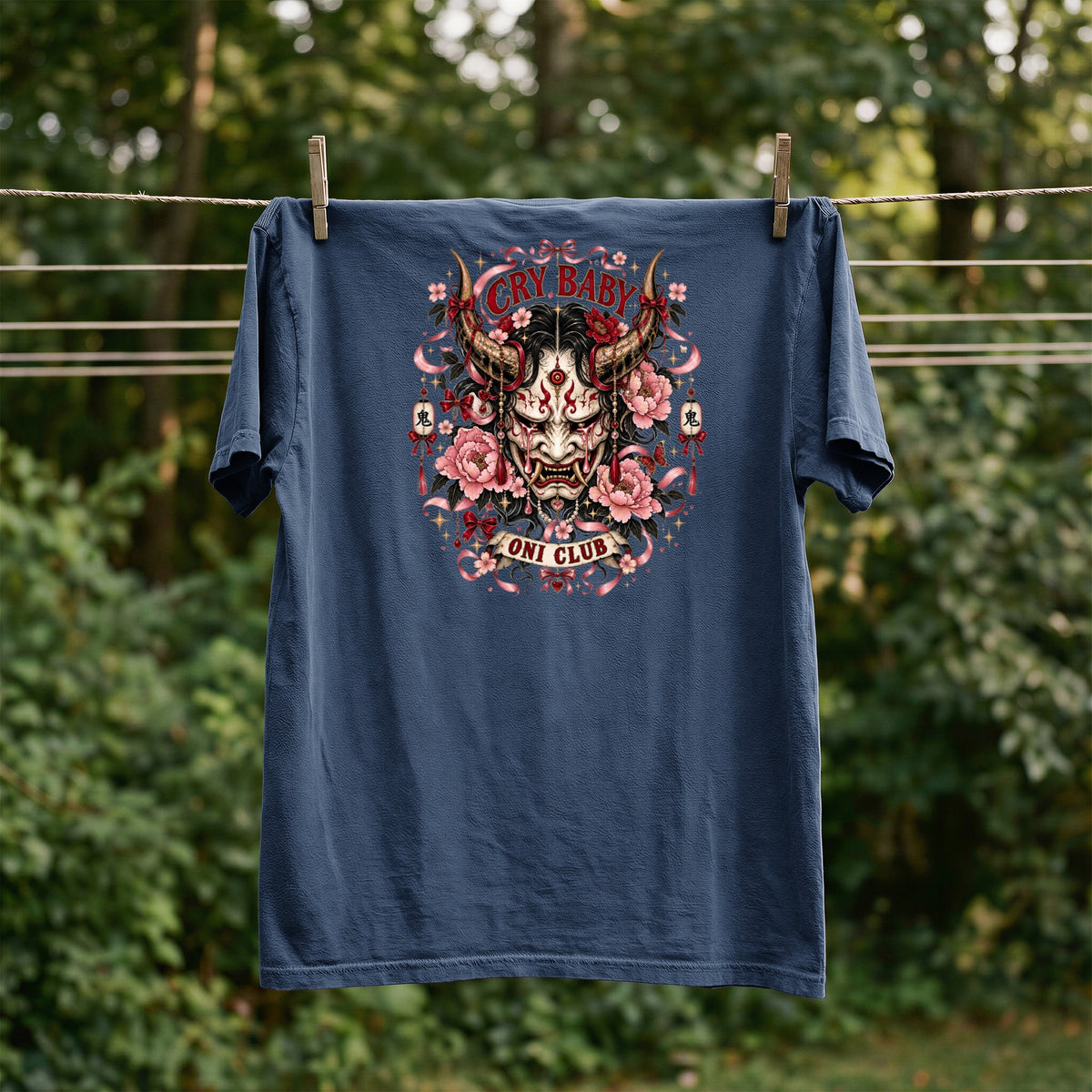 Navy t-shirt with a Japanese Oni mask and text "CRY BABY ONI CLUB" graphic.