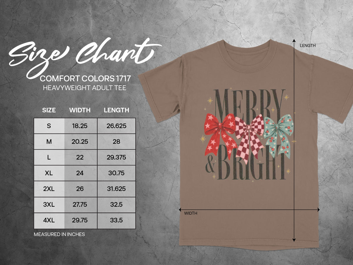 Comfort Colors 1717 heavyweight adult tee size chart with width and length measurements.
