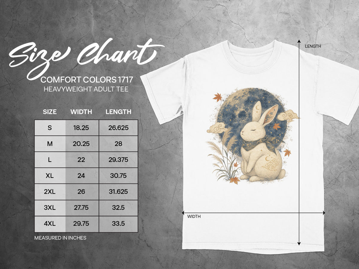 Comfort Colors 1717 heavyweight adult tee size chart with rabbit graphic.