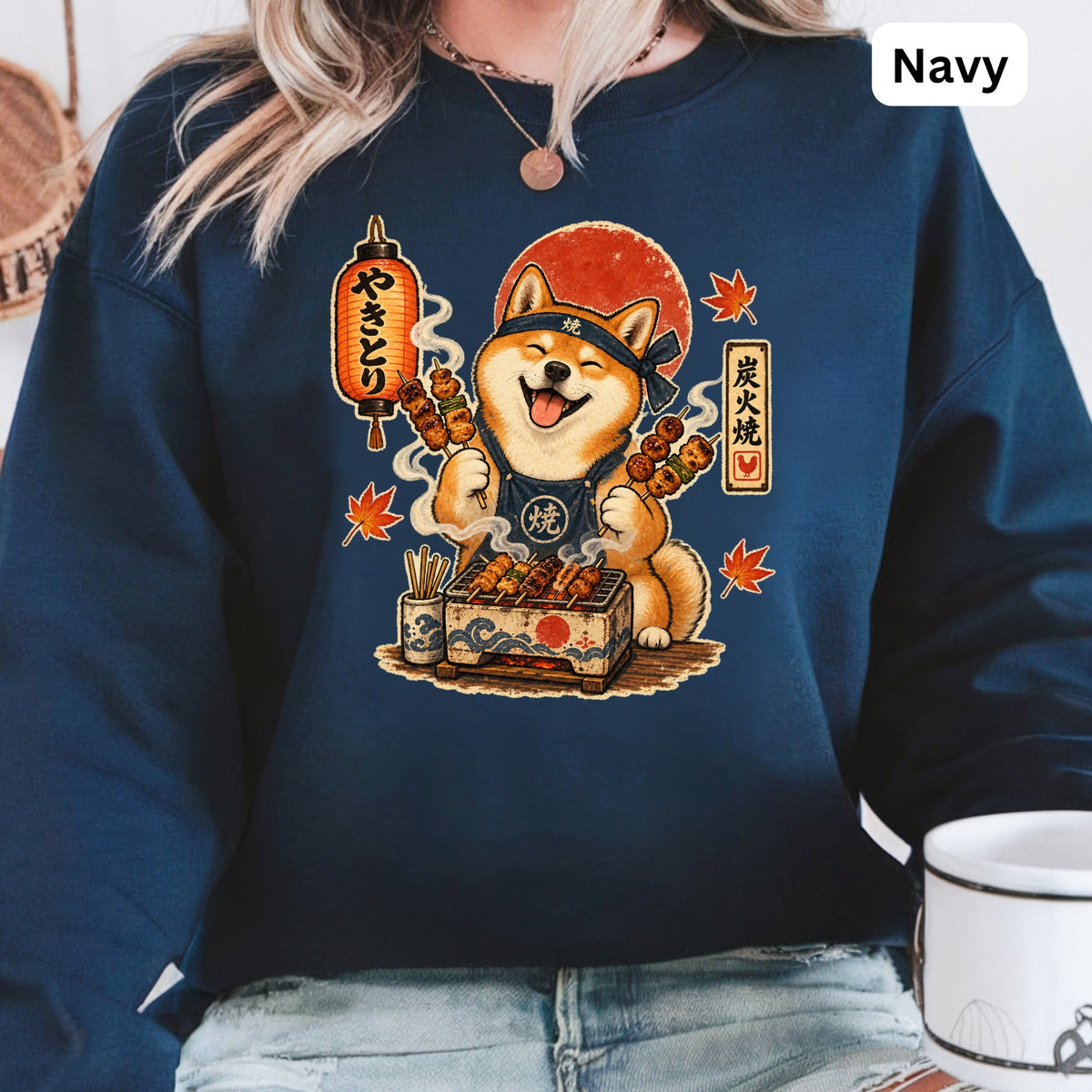 Shiba Inu wearing apron grilling yakitori with Japanese lantern and red sun.