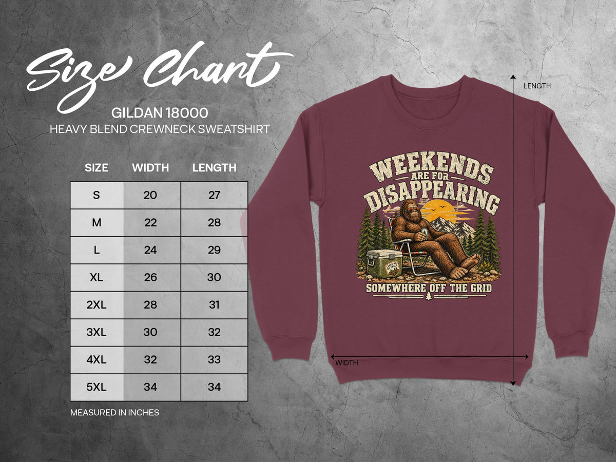 Gildan 18000 size chart with Bigfoot graphic on maroon sweatshirt.