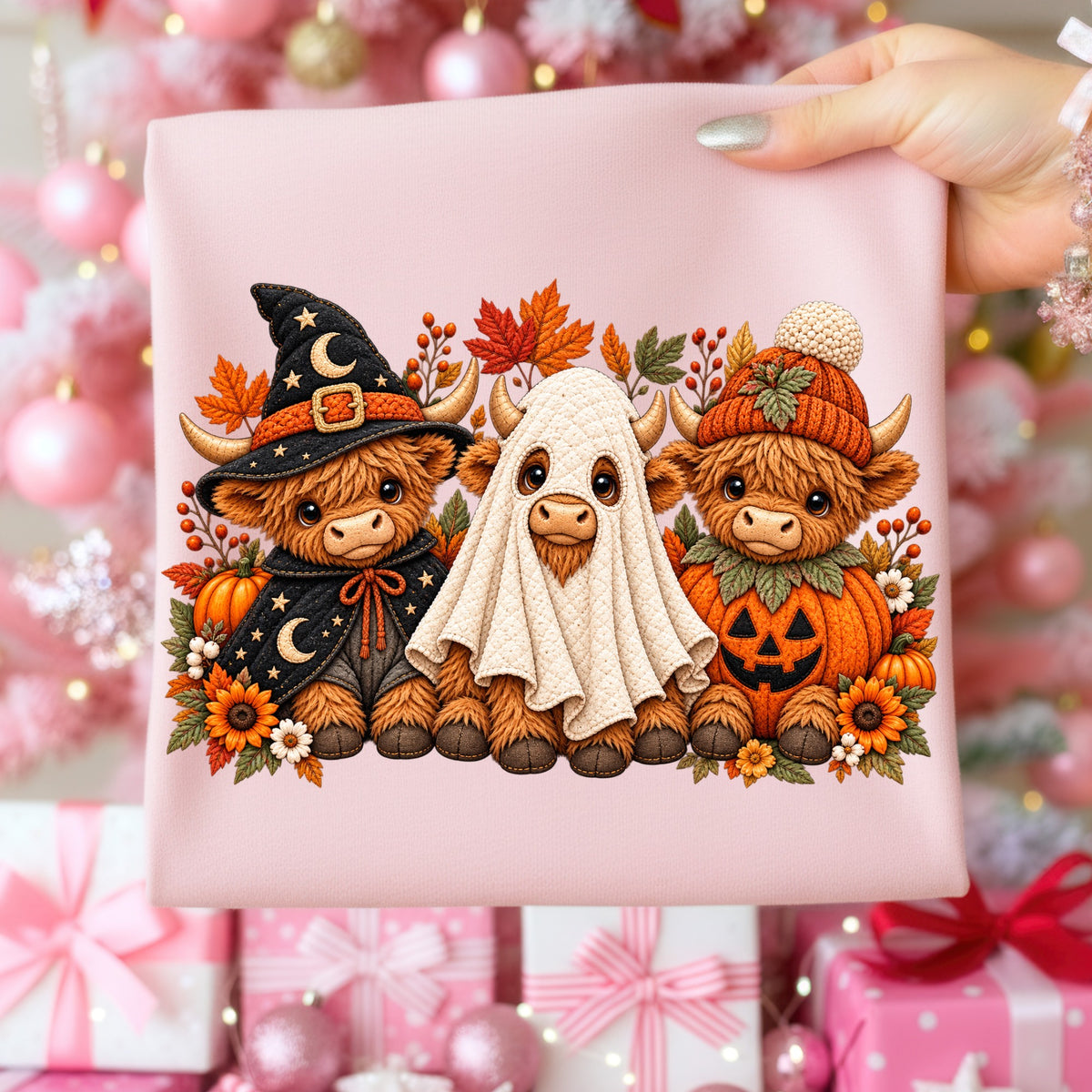 Three highland cows in Halloween costumes, a witch, ghost, and pumpkin, with fall foliage.