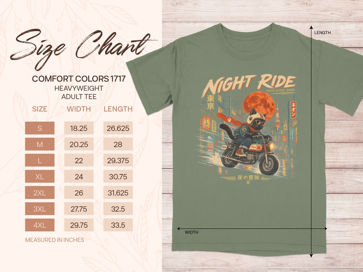 Size chart for heavyweight adult tee with a cat riding a motorcycle in Tokyo.