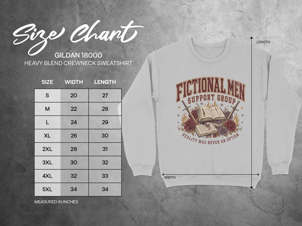 Gildan 18000 Heavy Blend sweatshirt size chart with dimensions in inches.