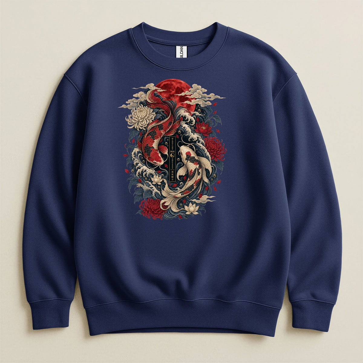 Navy sweatshirt with a red and white koi fish yin yang design.