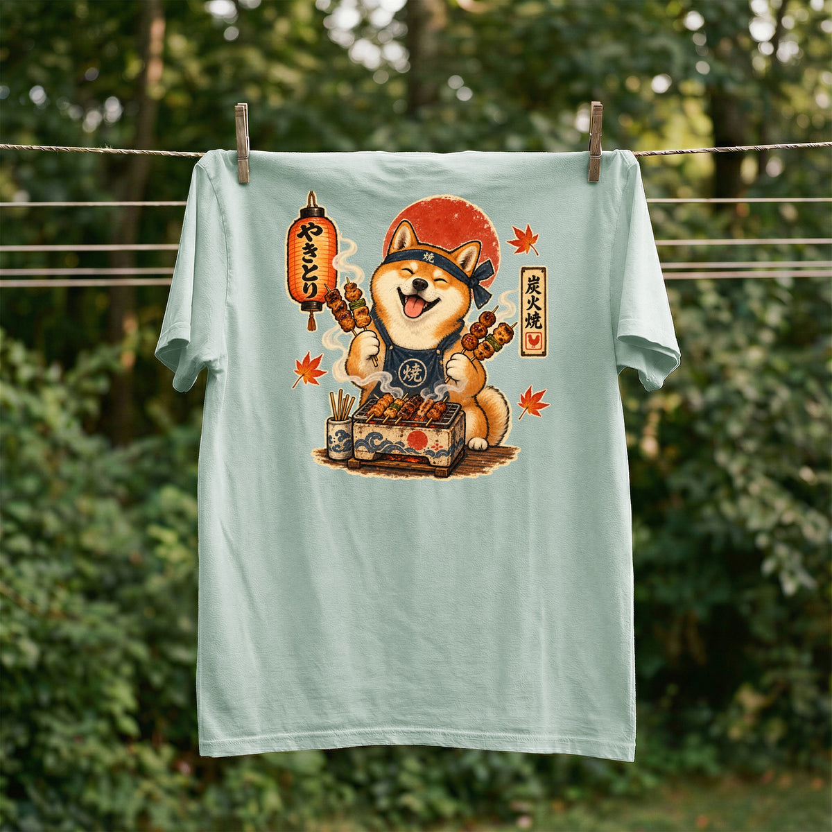 Shiba Inu wearing an apron grills skewers, with a lantern and Japanese text.