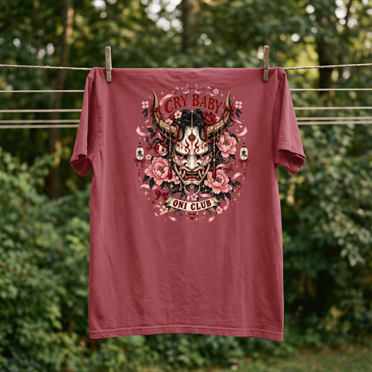 Red t-shirt with Oni mask, flowers, and "Cry Baby Oni Club" text.