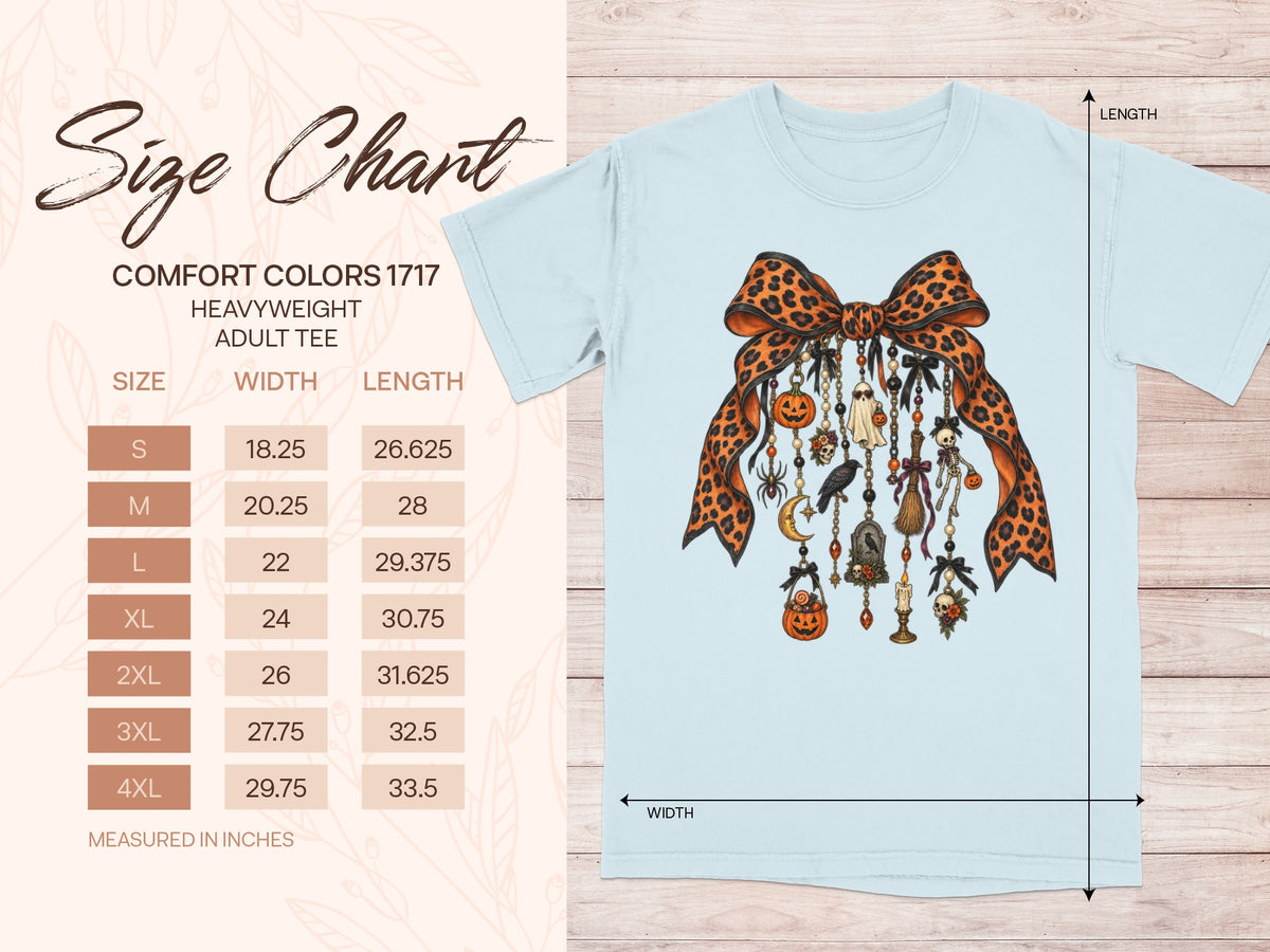 Size chart for Comfort Colors 1717 heavyweight adult tee with measurements.