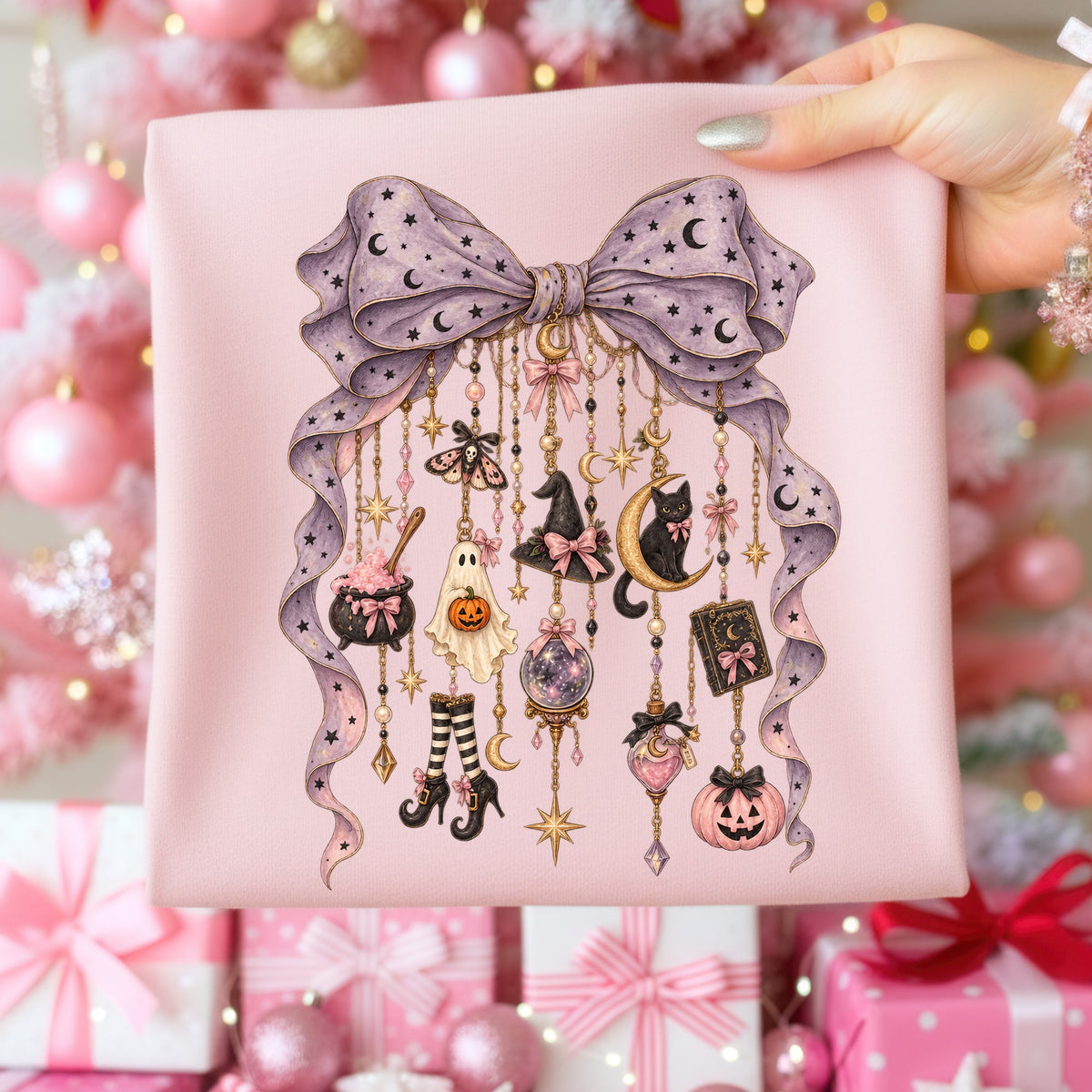Pink fabric with a Halloween-themed graphic featuring a purple bow and hanging charms.