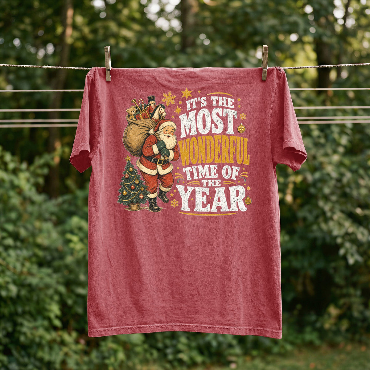 Red t-shirt with Santa graphic and text "It's the most wonderful time of the year."
