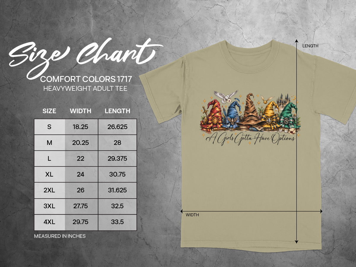 Comfort Colors 1717 heavyweight adult tee size chart with graphic and measurements.