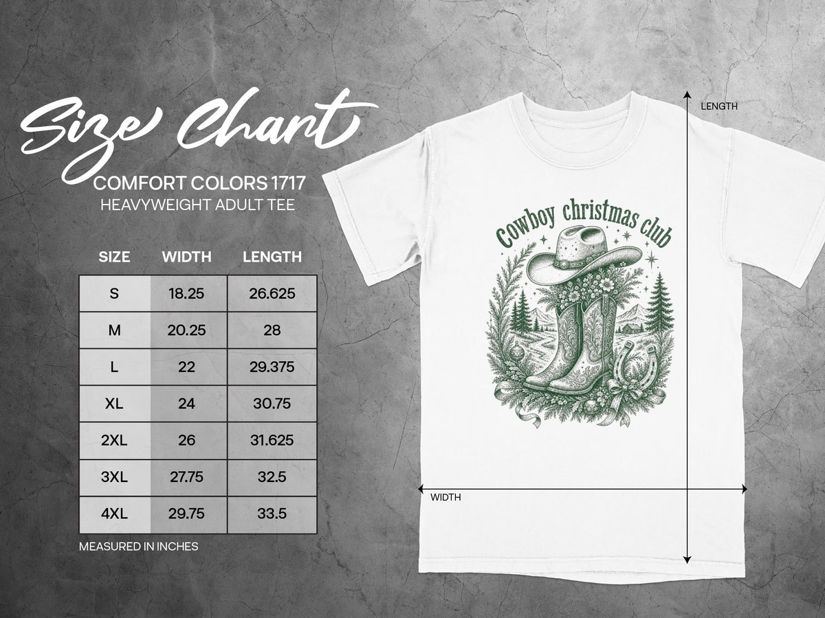 Comfort Colors 1717 heavyweight adult tee size chart with cowboy Christmas graphic.