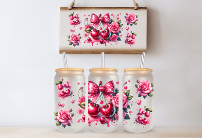 16oz Glass Can Pink Cherries Ready To Press Sublimation Transfer - Daydream Design Store - Physical