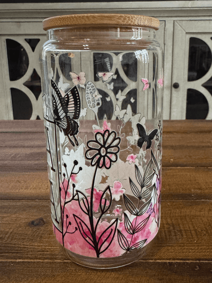 16oz Mama Pink Butterfly Glass Can - Daydream Design Store - Physical