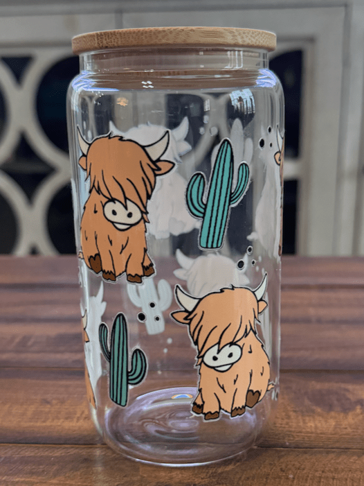 16oz Western Highland Cow Glass Can - Daydream Design Store - Physical