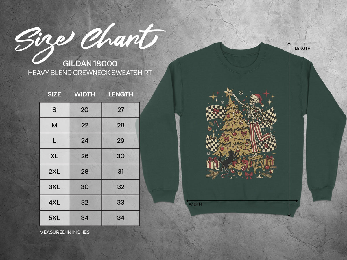 Gildan 18000 sweatshirt size chart with Christmas skeleton graphic.