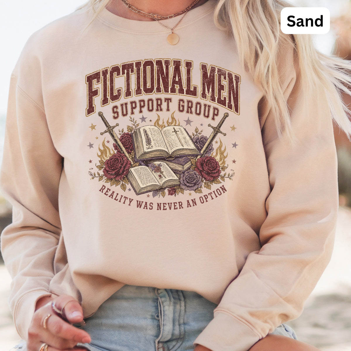 Fictional Men Support Group graphic on sand colored sweatshirt.