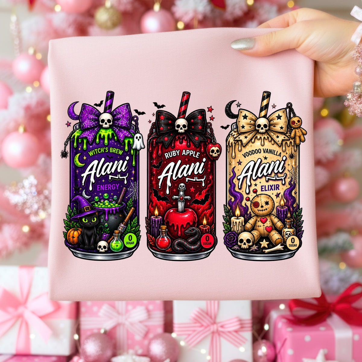 Three Alani energy drinks: Witch's Brew, Ruby Apple, and Voodoo Vanilla.