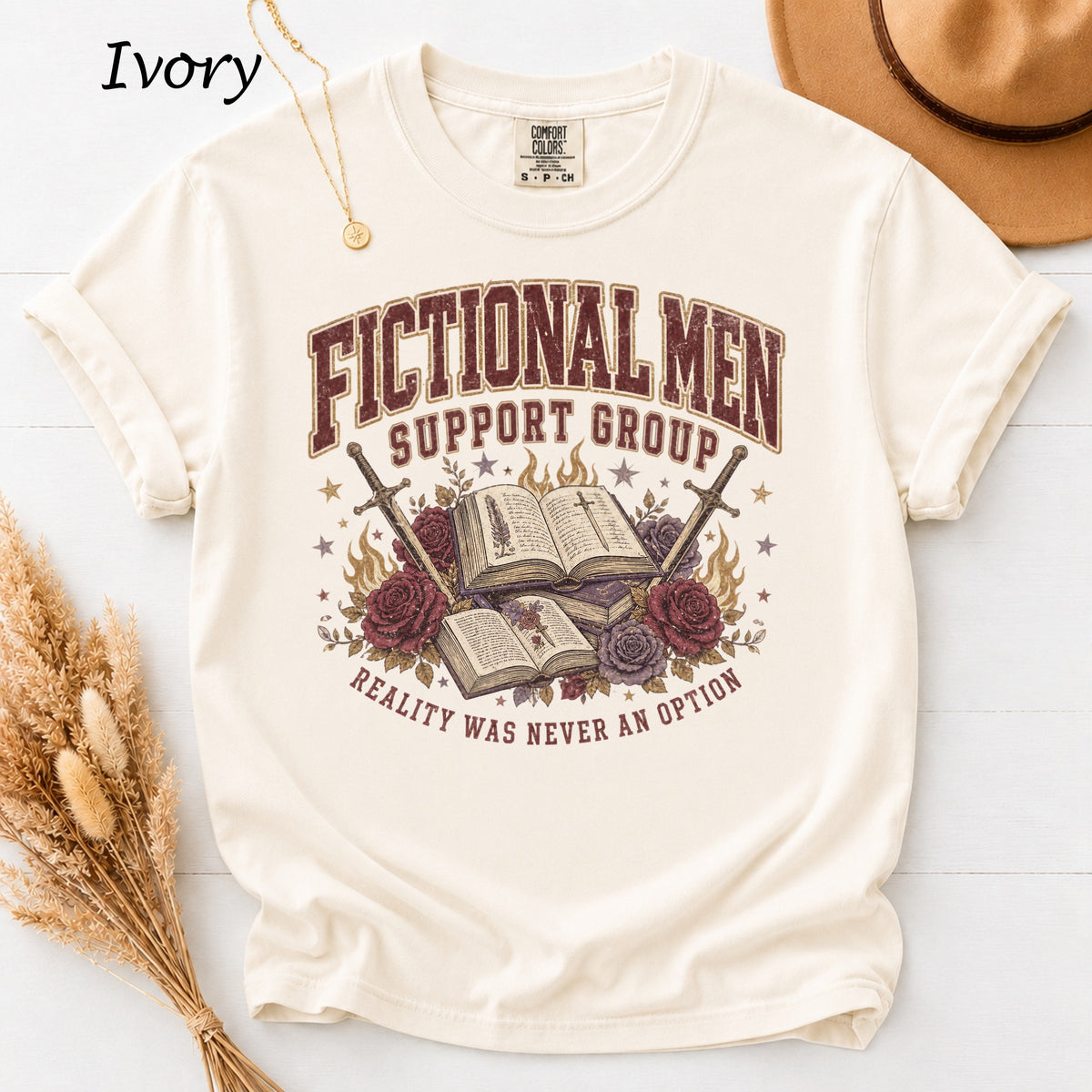 Fictional Men Support Group graphic t-shirt with books, swords, roses, and flames.