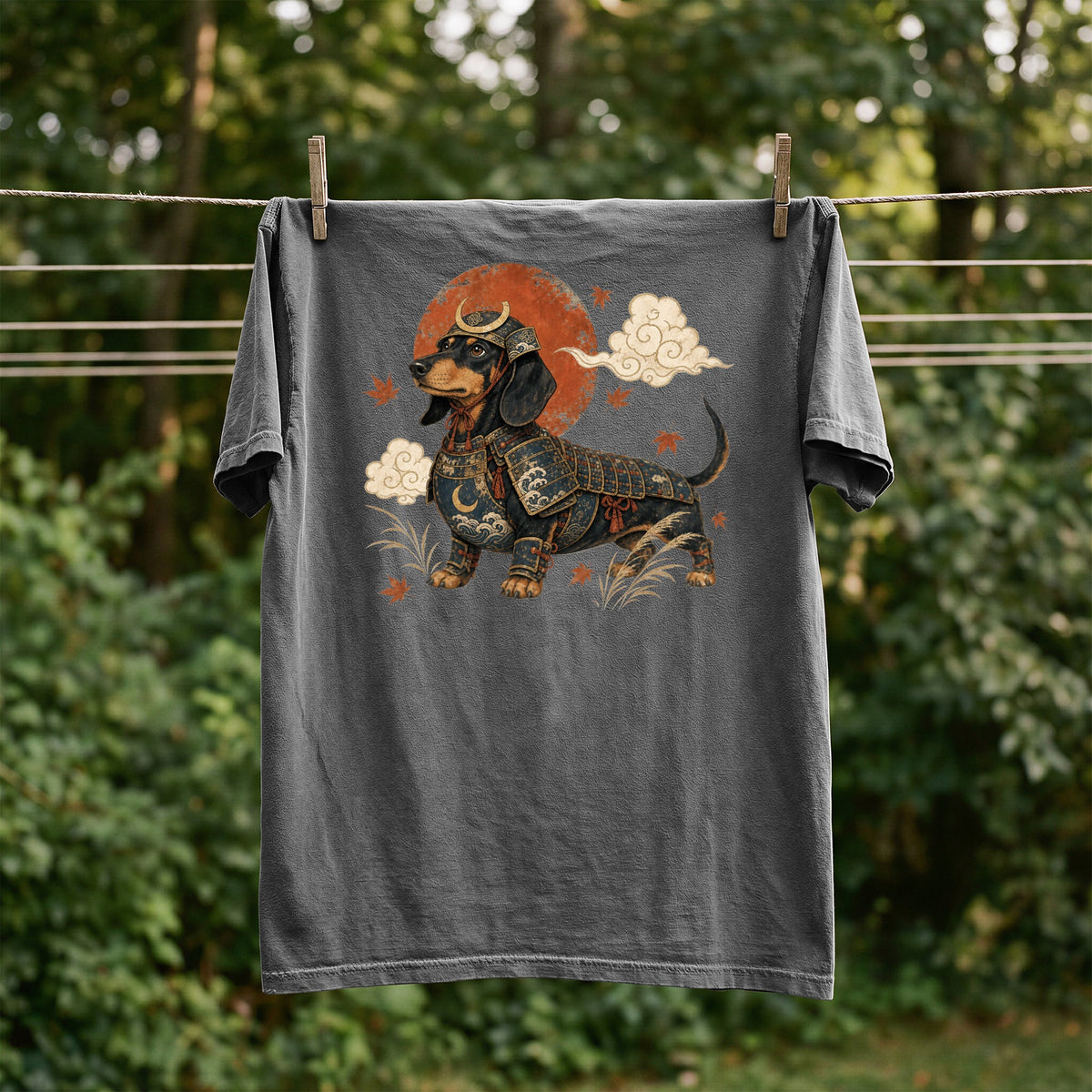 Dark grey t-shirt with a dachshund in samurai armor illustration.