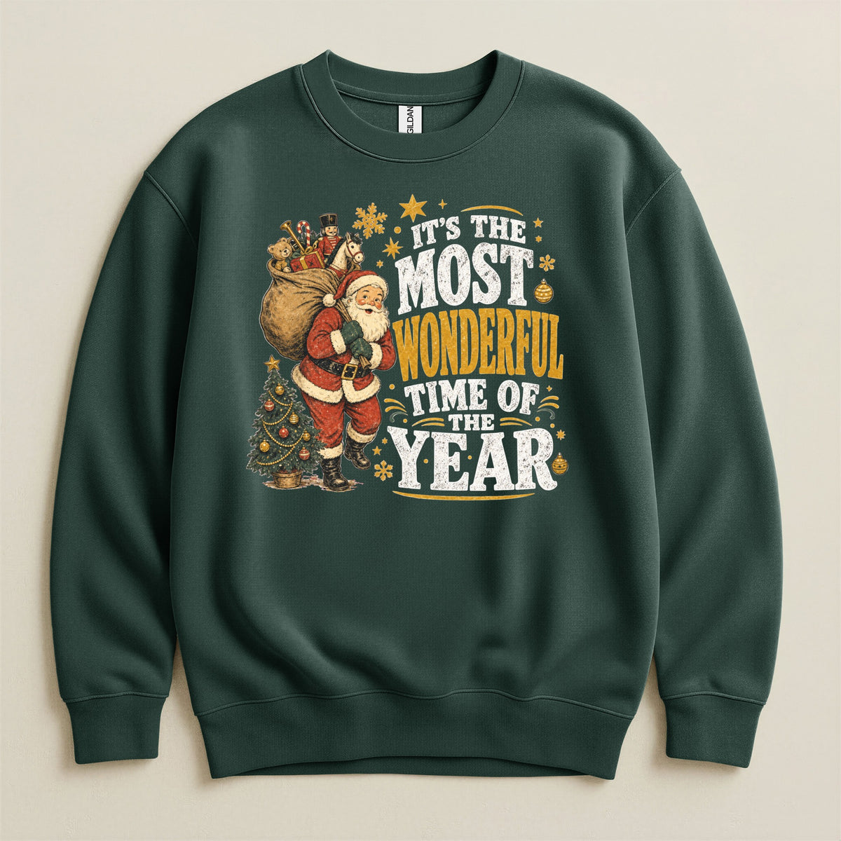 Green sweatshirt with Santa and text "It's the most wonderful time of the year."