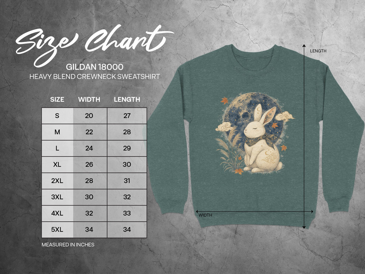 Gildan 18000 size chart for a heavy blend crewneck sweatshirt with a moon rabbit graphic.