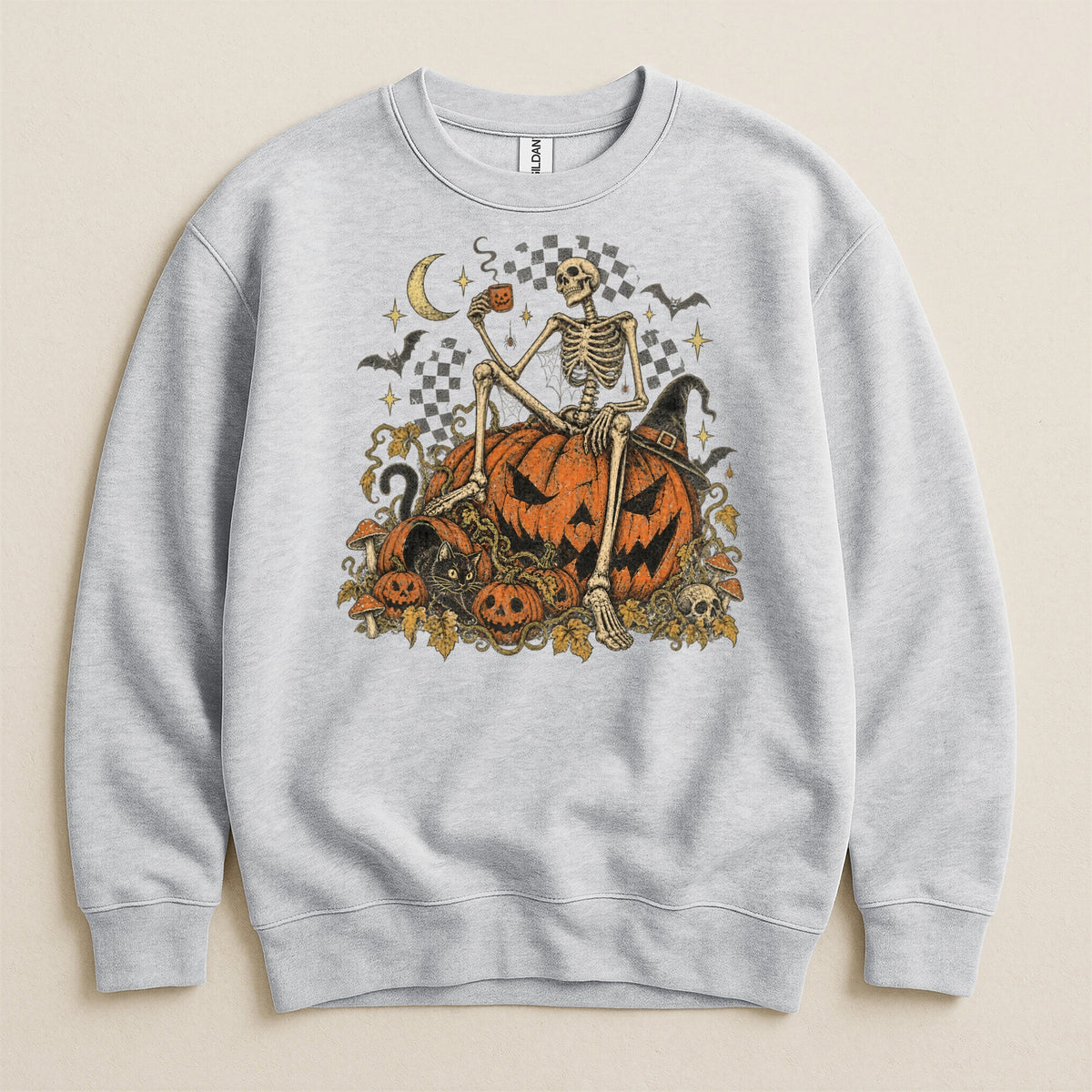Skeleton on pumpkins with spooky Halloween elements and checkered background.