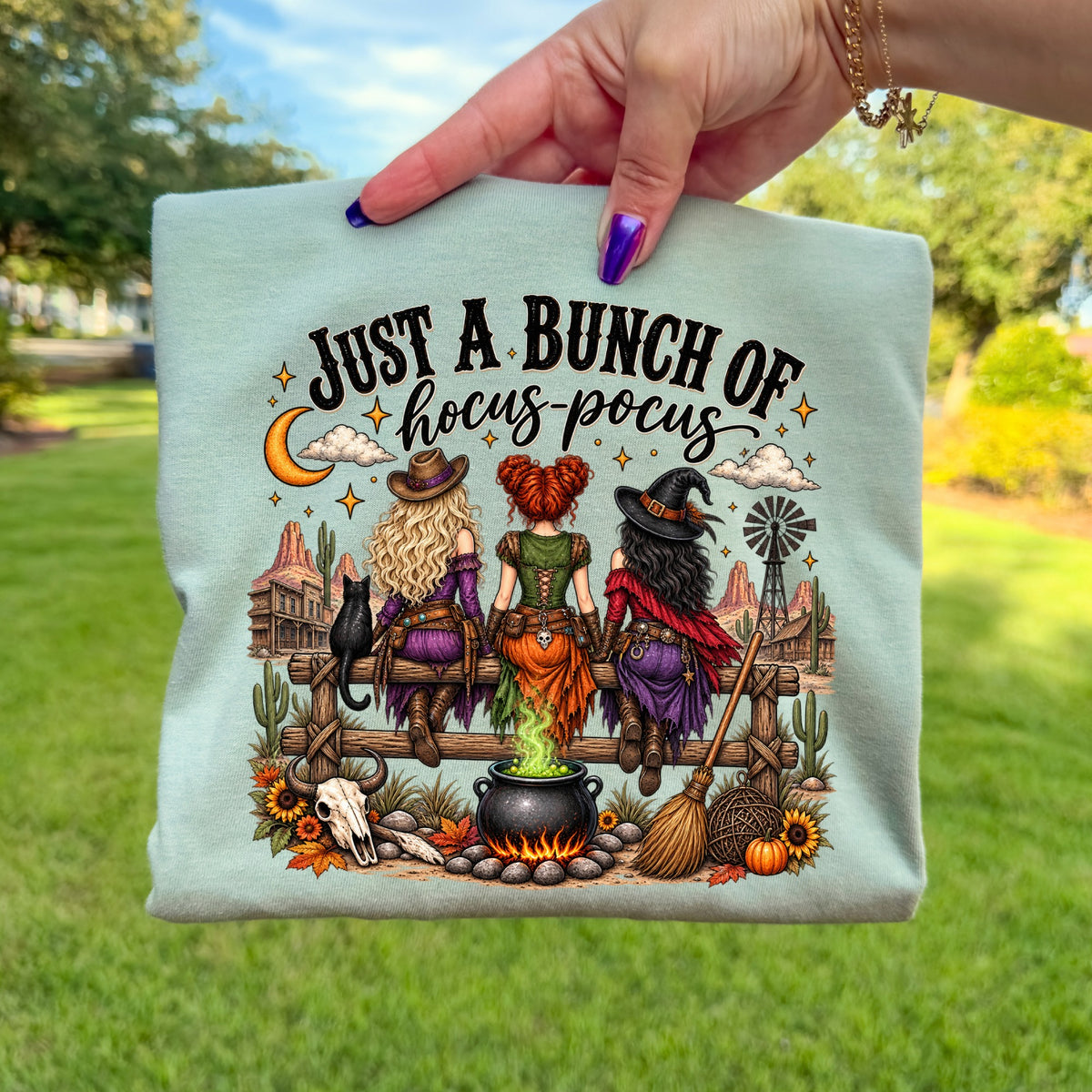 Three witches sit on a fence with a black cat, cauldron, and desert scene.