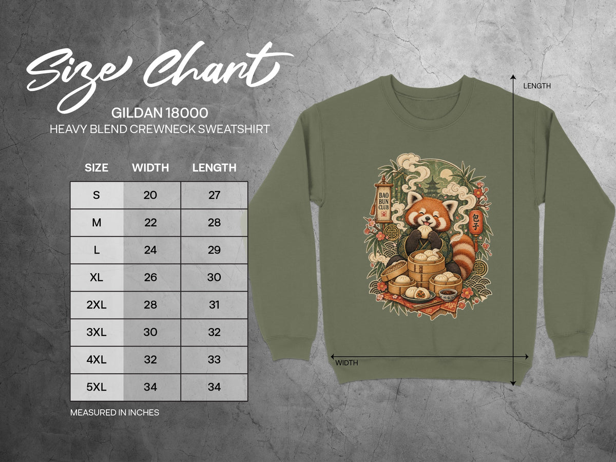 Gildan 18000 Heavy Blend Crewneck Sweatshirt size chart with red panda graphic.