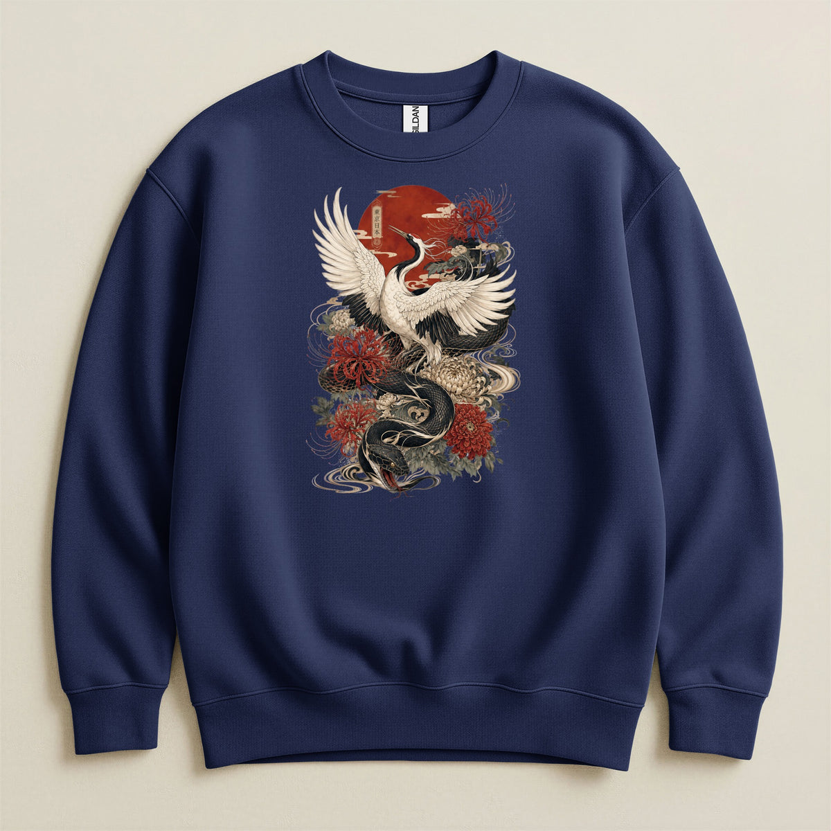 Navy sweatshirt with Japanese crane and dragon graphic and red sun motif.