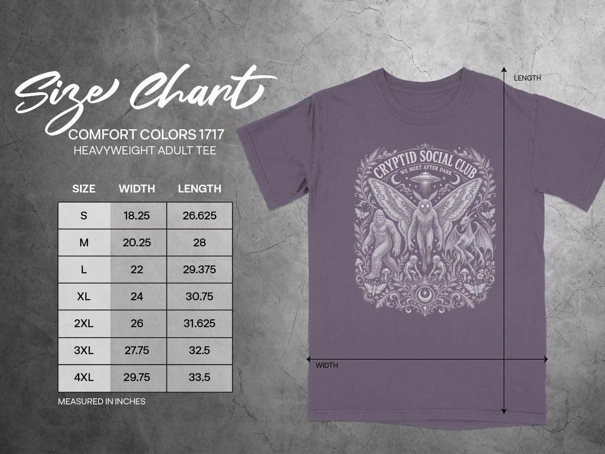 Comfort Colors 1717 heavyweight adult tee size chart with width and length measurements.