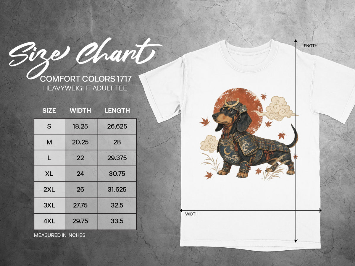Size chart for Comfort Colors 1717 heavyweight adult tee with dachshund in samurai armor graphic.