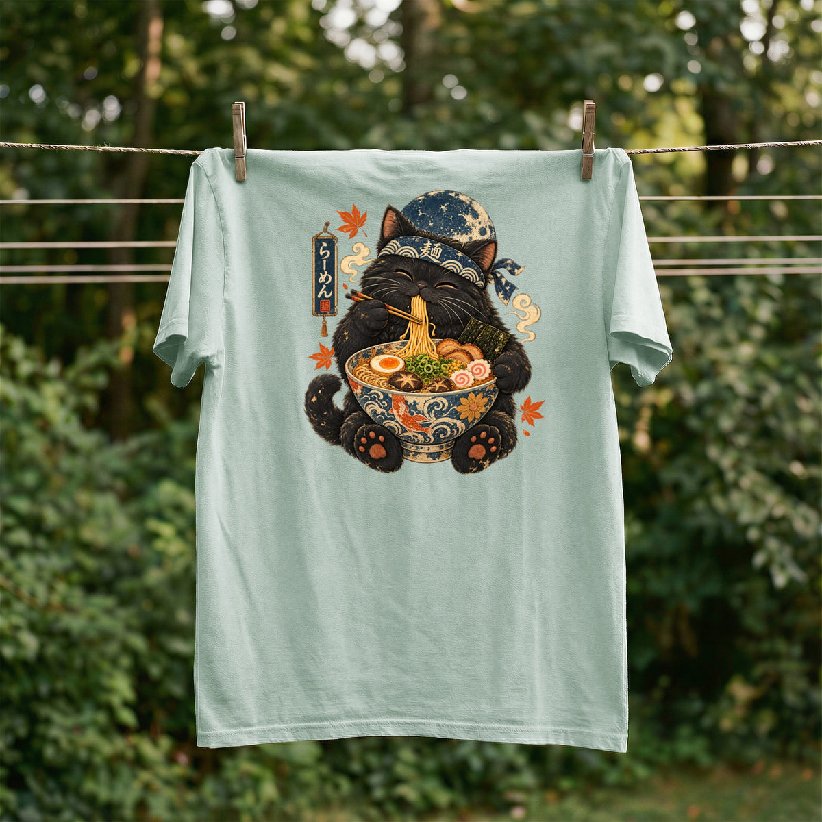 Black cat wearing bandana eating ramen from a bowl on a light green t-shirt.