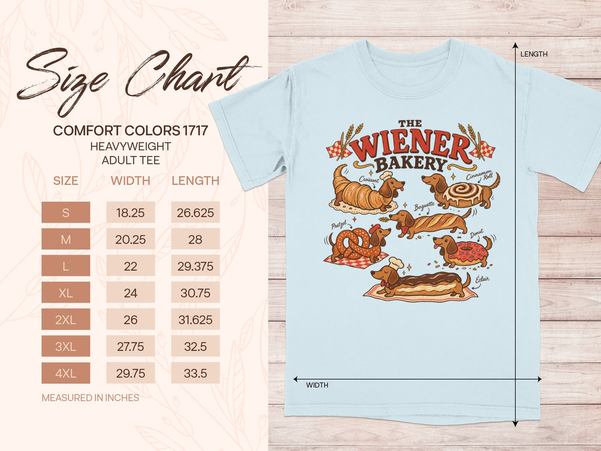 Size chart with dachshunds dressed as baked goods and a size table in inches.