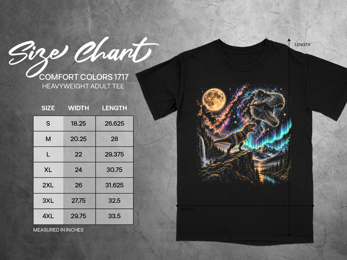 Comfort Colors 1717 heavyweight adult tee size chart with dinosaur graphic.