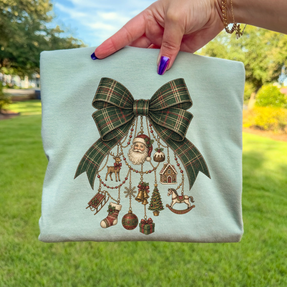 Green Plaid Christmas Bow DTF Transfer- 060