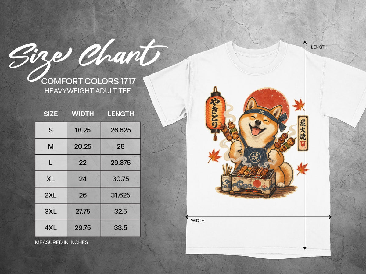 Size chart for Comfort Colors 1717 heavyweight adult tee with dog grilling skewers graphic.